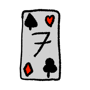 black outlines, a card with a black spade in the top left corner, red heart in the top right, red diamond in the bottom left, black club in the bottom right and a black 7 in the middle